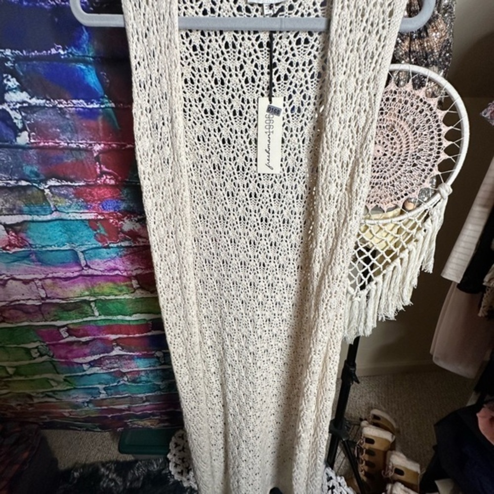 NWT Freshman 1996 BOHO
Knit Crochet Open Front Sweater Duster, Size Small